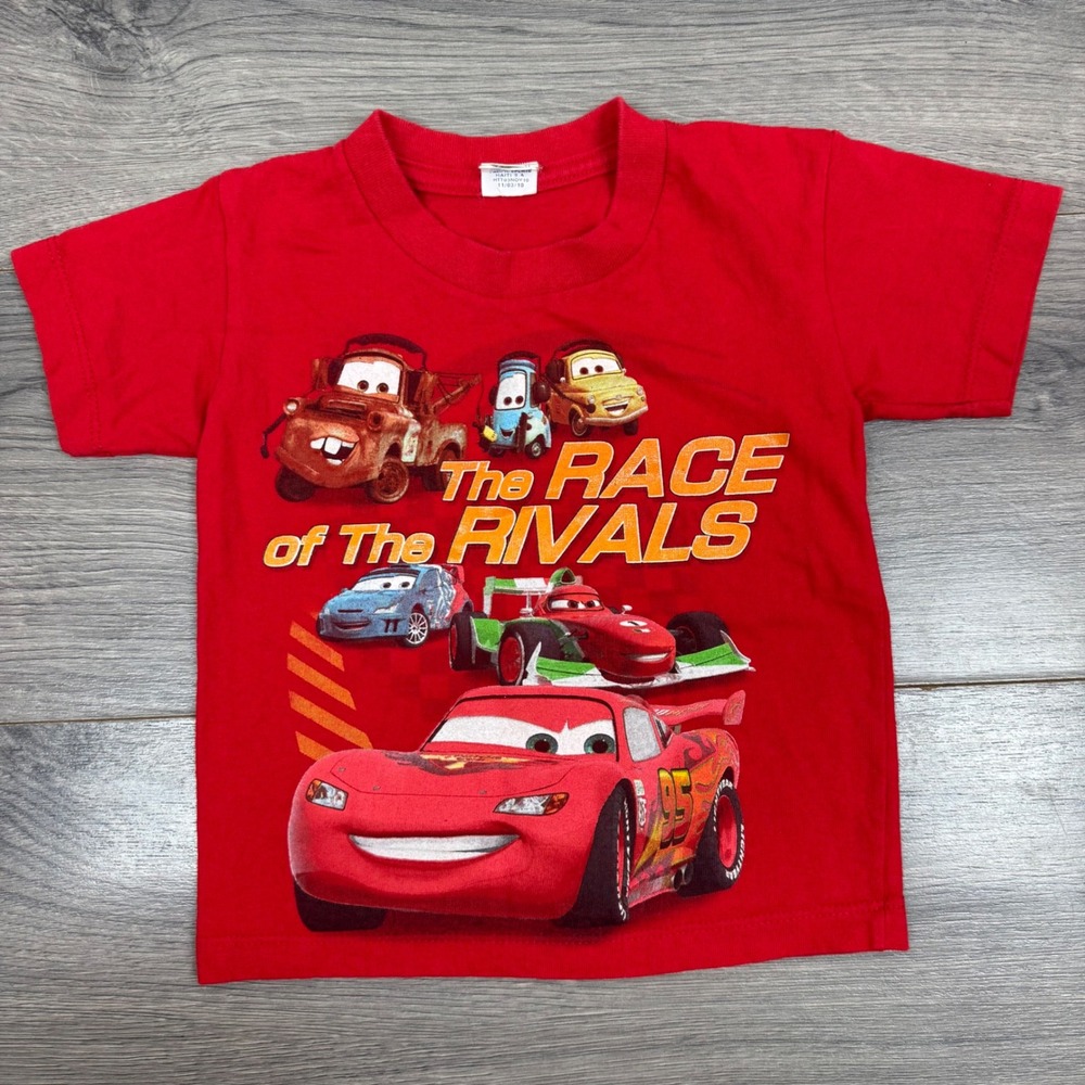 Vtg Disney Pixar Cars Lightning McQueen Mater Race of Rivals Red Graphic Tee 3T